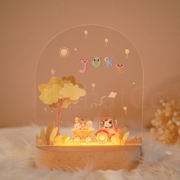 Personalised baby night light with wooden base, animals night light baby gift birth, custom name nursery light baby gift