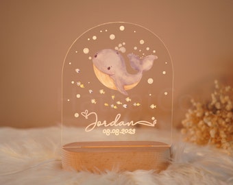 Personalised acrylic night light with carved wooden base, perfect gift for a newborn baby , children's room decorations