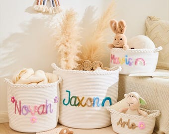 Personalized Crochet Baby Basket: Embroidered Name, Cotton Rope Nursery Bin