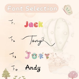 Op de afbeelding: Fontselectietafel met vier verschillende fontstijlen. De fonts zijn gelabeld "F1", "F2", "F3" en "F4". De namen "Jack", "Tony", "Joky" en "Andy" zijn in elke fontstijl geschreven.