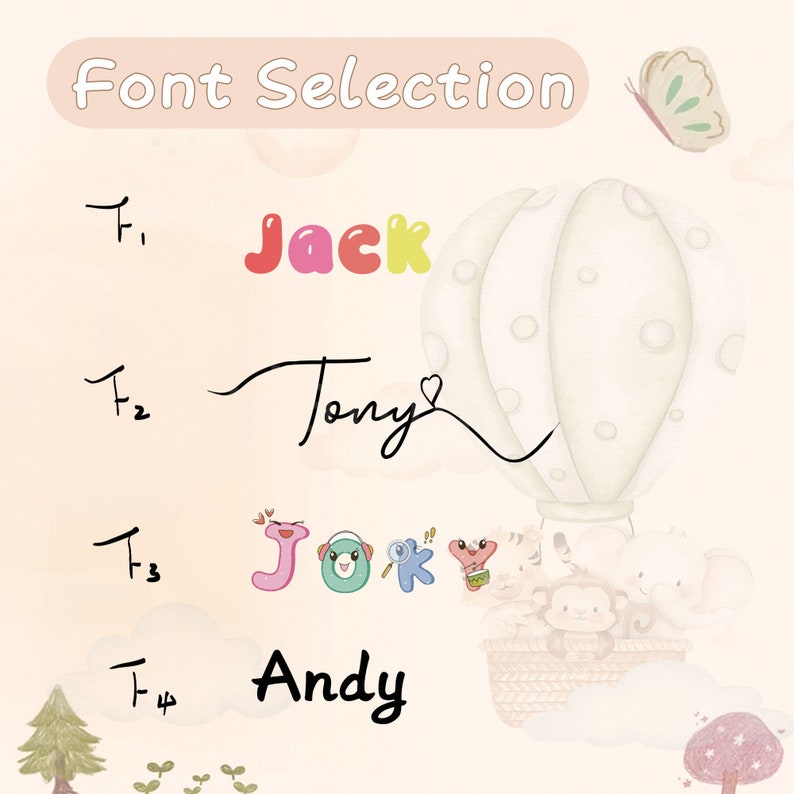 Op de afbeelding: Fontselectietafel met vier verschillende fontstijlen. De fonts zijn gelabeld "F1", "F2", "F3" en "F4". De namen "Jack", "Tony", "Joky" en "Andy" zijn in elke fontstijl geschreven.