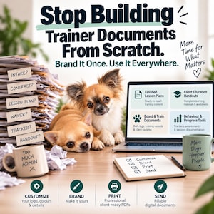 May include: A digital marketing graphic for dog trainers featuring two small dogs, a stack of papers labeled with document types, a laptop displaying training resources, and two mugs with text. The text reads Stop Building Trainer Documents From Scratch, Brand It Once. Use It Everywhere, and More Dogs Happier People.
