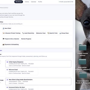 Kit completo para adiestradores caninos: formularios de incorporación de clientes, ejercicios de adiestramiento, folletos, contratos, dispositivos de seguimiento y recursos.