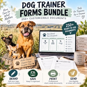 Könnte beinhalten: Ein digitales Formularpaket für Hundetrainer mit über 250 anpassbaren Dokumenten. Das Bild zeigt einen Laptop mit Vorlagen, gedruckte Formulare, eine Tasse mit Text und drei Hunde. Der Text lautet "DOG TRAINER FORMS BUNDLE" sowie "BRAND, SAVE, PRINT, SEND."