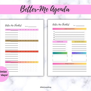 Op de afbeelding: Een printbare Better-Me Agenda-checklist met secties voor dagelijkse, wekelijkse en maandelijkse doelen. De checklist bevat secties voor de belangrijkste prioriteiten van vandaag, dingen die je hebben laten glimlachen en dingen om te verbeteren.