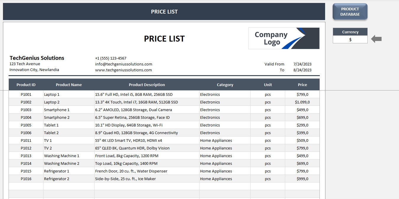 Price List | Excel Template | Price Sheet | Price Catalog | Order Form ...