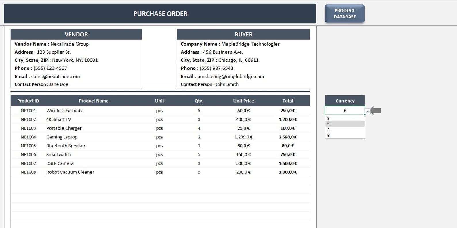 Purchase Order Excel Template: Excel PO Form - Etsy