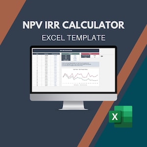 May include: A computer screen displaying an Excel spreadsheet with the title "NPV IRR CALCULATOR EXCEL TEMPLATE". The spreadsheet contains a table with columns for "Year", "Cash Flow", "Net Present Value", "NPV", "IRR", "Discount Rate", and "Discount Rate (%) ". The spreadsheet also includes a graph showing the relationship between "Cash Flow" and "Net Present Value".