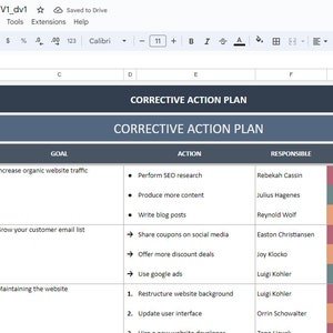 Pu&ograve; includere: Un foglio di calcolo con un piano di azione correttiva per un'azienda. Il foglio di calcolo include colonne per il problema, l'obiettivo, l'azione, il responsabile, la priorit&agrave;, la data di inizio, lo stato e la data di scadenza. Il foglio di calcolo &egrave; pieno di informazioni sulle azioni correttive che devono essere intraprese per affrontare i problemi che l'azienda sta affrontando.