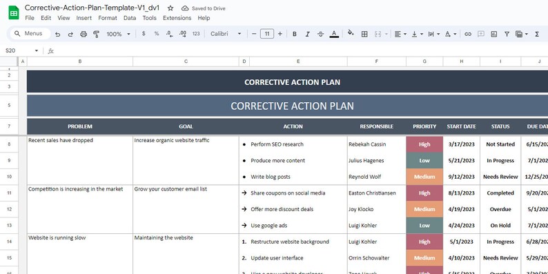 Pu&ograve; includere: Un foglio di calcolo con un piano di azione correttiva per un'azienda. Il foglio di calcolo include colonne per il problema, l'obiettivo, l'azione, il responsabile, la priorit&agrave;, la data di inizio, lo stato e la data di scadenza. Il foglio di calcolo &egrave; pieno di informazioni sulle azioni correttive che devono essere intraprese per affrontare i problemi che l'azienda sta affrontando.