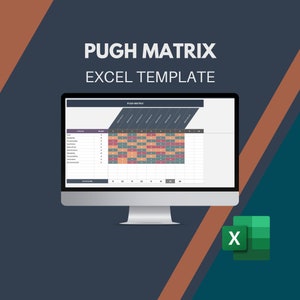 May include: A computer screen displaying a spreadsheet with the title "Pugh Matrix Excel Template". The spreadsheet is a table with columns for different criteria and rows for different options. The table is filled with numbers and colors. The screen is on a gray background with a brown and teal diagonal stripe pattern.