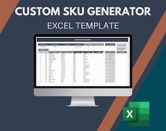 May include: A computer screen displaying an Excel spreadsheet with the title "Custom SKU Generator Excel Template". The spreadsheet contains columns for product code, product type, length of SKU, and other information. The spreadsheet is used to generate unique product codes for online sales.