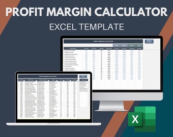May include: A computer screen displaying a spreadsheet with the title "Profit Margin Calculator" and a laptop computer displaying a similar spreadsheet. The spreadsheet shows product names, unit cost, unit price, quantity, discount, total cost, total price, total profit, and profit percentage. The image is a visual representation of a business tool for calculating profit margins.
