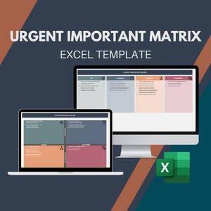 Peut inclure: Un écran d'ordinateur affichant une feuille de calcul avec le titre "Urgent Important Matrix Excel Template". La feuille de calcul est divisée en quatre quadrants, chacun avec une couleur différente et une liste de tâches. L'écran est sur un bureau avec un ordinateur portable et une icône verte et blanche d'une feuille de calcul.