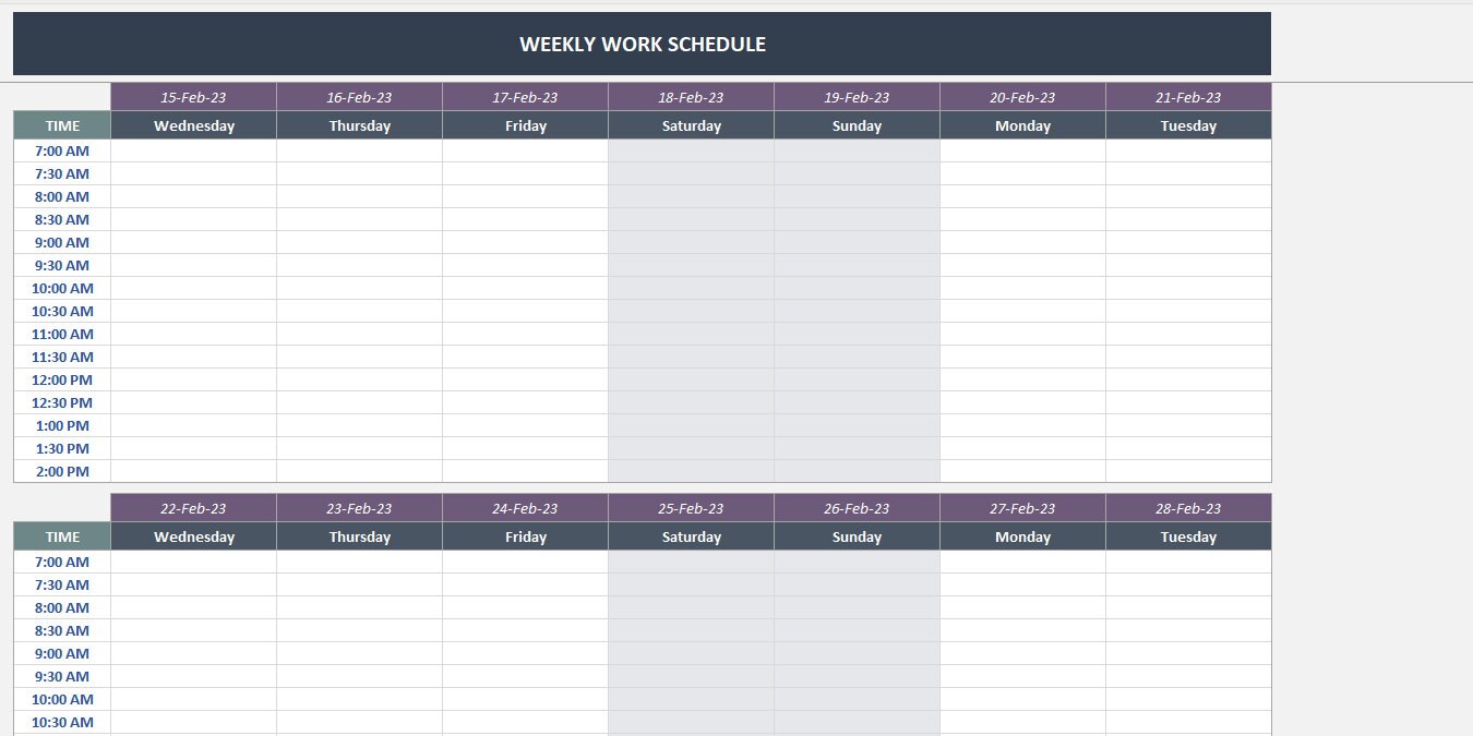 Weekly Work Schedule Excel Template: Hourly Planner (digital Download ...