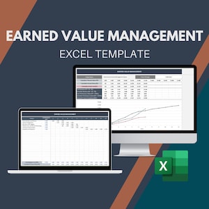 Könnte beinhalten: Ein Computerbildschirm und ein Laptop zeigen eine Excel-Tabelle mit dem Titel "Earned Value Management" und ein Diagramm, das den Projektfortschritt darstellt. Die Tabelle enthält Spalten für "Kumulierter Planwert (PV)", "Kumulierter Ertragswert (EV)" und "Kumulierte Istkosten (AC)". Das Diagramm zeigt die Beziehung zwischen Planwert, Ertragswert und Istkosten im Zeitverlauf.
