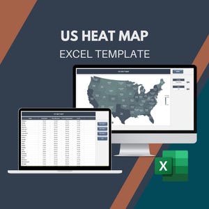 Może przedstawiać: Monitor komputera i laptop wyświetlają szablon Excel mapy cieplnej USA. Monitor wyświetla mapę Stanów Zjednoczonych z wizualizacją danych, a laptop tabelę danych. Obraz zawiera logo Excel i tekst "US HEAT MAP EXCEL TEMPLATE."