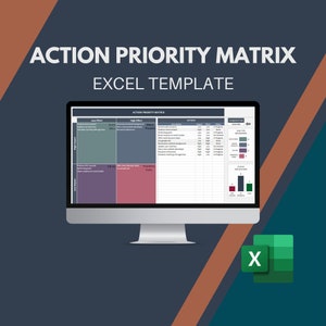 Op de afbeelding: Een computerscherm dat een Excel-spreadsheet weergeeft met de titel "Action Priority Matrix Excel Template". De spreadsheet is verdeeld in vier kwadranten, gelabeld "Low Effort" en "High Effort" op de verticale as en "Low Impact" en "High Impact" op de horizontale as. De spreadsheet bevat een lijst met acties, hun impact, inspanning en prioriteit. De afbeelding bevat ook een groen Excel-pictogram.