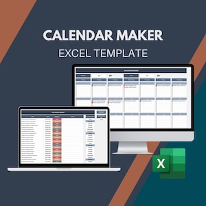 Könnte beinhalten: Ein Computerbildschirm und ein Laptop zeigen eine Excel-Vorlage für einen Kalendermacher. Die Vorlage soll Benutzern helfen, ihre Zeitpläne zu erstellen und zu verwalten. Das Bild enthält auch ein Excel-Symbol.