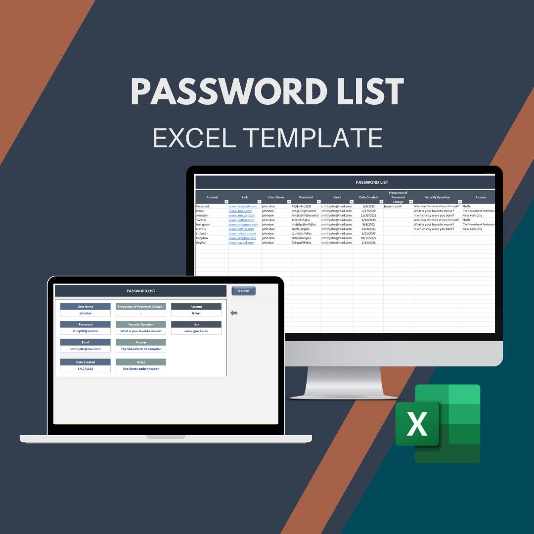 Password List Excel Template Password Manager Password - Etsy