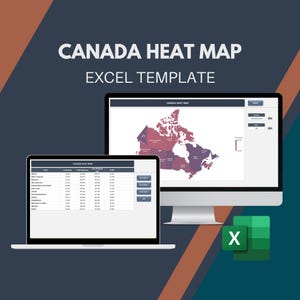 Op de afbeelding: Een computermonitor en een laptop tonen een Excel-sjabloon voor een Canada heat map. De kaart van Canada is gekleurd in tinten rood en paars. De tekst "CANADA HEAT MAP EXCEL TEMPLATE" staat bovenaan de afbeelding. Een Excel-pictogram staat rechtsonder.
