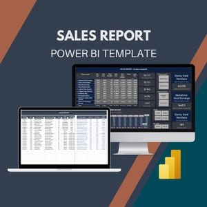 May include: A screenshot of a Power BI sales report template showing a dashboard with charts and graphs. The dashboard displays sales data for various products, including Dainty Gold Necklace, Gemstone Stud Earrings, and other jewelry items. The dashboard also shows the top selling products and the most profitable products.