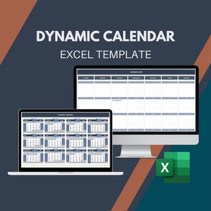 Könnte beinhalten: Ein Laptop und ein Desktop-Computerbildschirm, auf dem eine dynamische Kalender-Excel-Vorlage angezeigt wird. Die Vorlage zeigt einen Jahreskalender und eine Monatskalenderansicht. Der Text "DYNAMIC CALENDAR EXCEL TEMPLATE" wird oben im Bild angezeigt.
