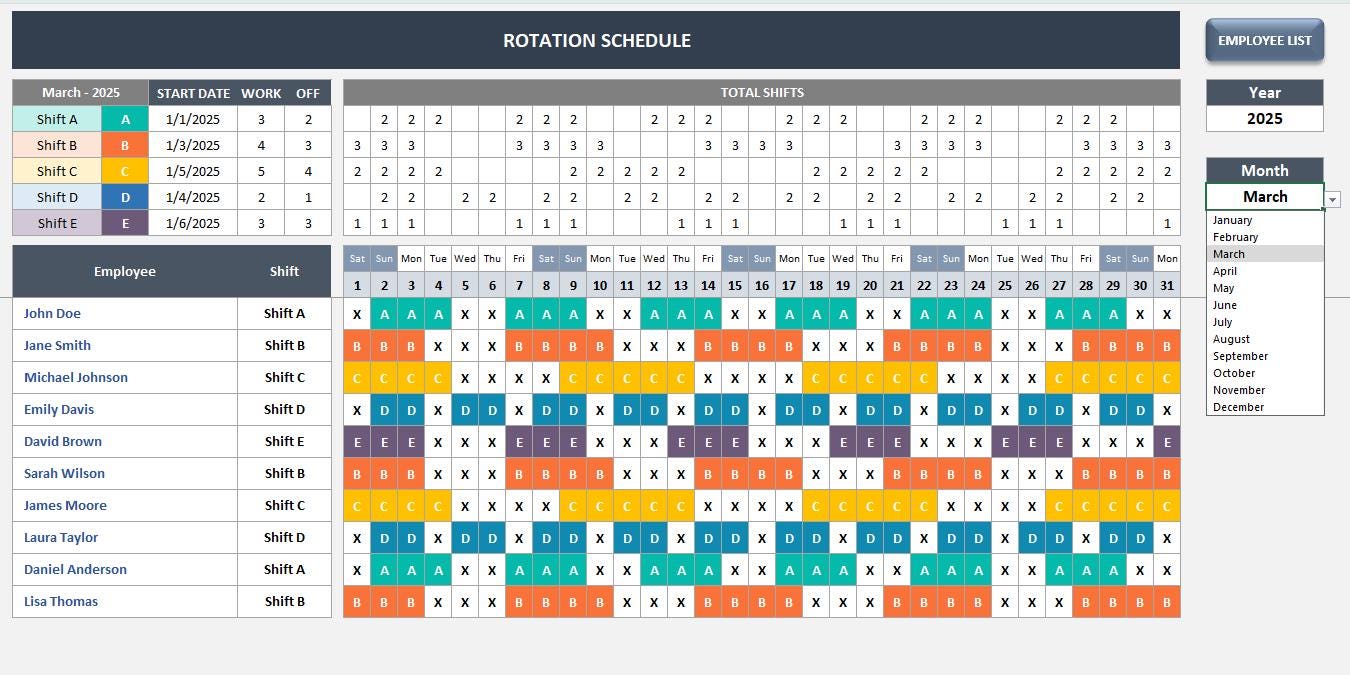 Employee Rotation Schedule: Excel Template, Shift Planner (printable ...