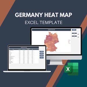Può includere: Una visualizzazione digitale di un modello Excel di mappa termica della Germania. L'immagine mostra un laptop e un computer desktop che visualizzano visualizzazioni di dati. Il testo "GERMANY HEAT MAP EXCEL TEMPLATE" è in alto. Un'icona verde di Excel si trova nell'angolo in basso a destra.