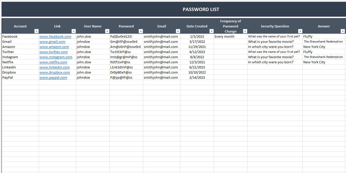 Password List Excel Template Password Manager Password - Etsy