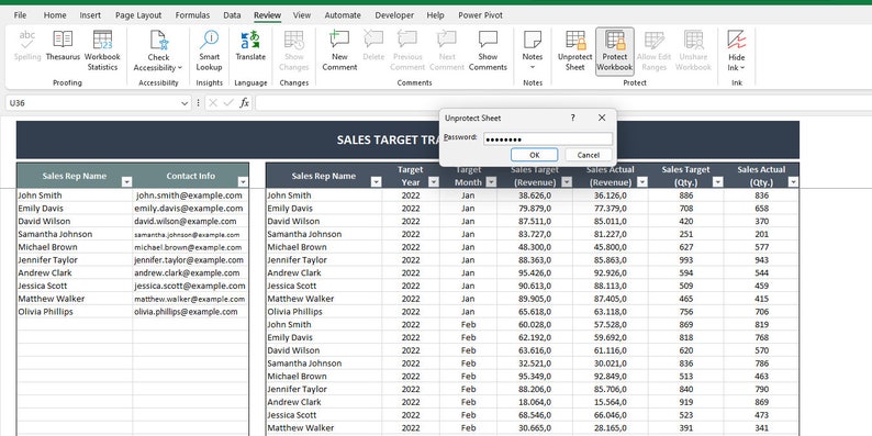 May include: A spreadsheet with a sales target tracker for the year 2022. The spreadsheet includes columns for sales representative name, contact information, target year, month, sales target revenue, sales actual revenue, sales target quantity, and sales actual quantity. The spreadsheet is protected with a password.
