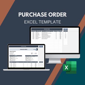 May include: A computer screen and laptop display a purchase order template in an Excel spreadsheet. The template includes columns for product code, product name, product description, unit cost, quantity, and total cost. The template is designed to help businesses track their purchases and manage their inventory.