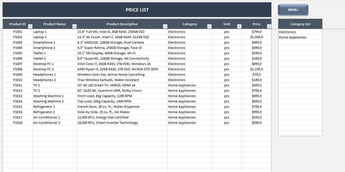 Price List Excel Template Price Sheet Price Catalog Order Form Product ...