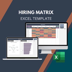 May include: A digital image showcasing a hiring matrix Excel template. The image features a laptop and a desktop computer displaying the template, along with the Excel logo. The text "HIRING MATRIX EXCEL TEMPLATE" is prominently displayed at the top.