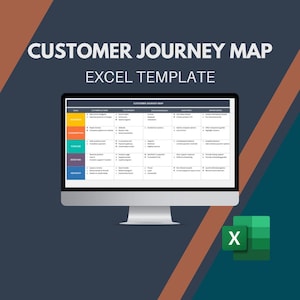 May include: A computer screen shows a "CUSTOMER JOURNEY MAP EXCEL TEMPLATE." The template is a colourful chart with columns and rows, and the Excel icon is in the bottom right corner. The background is a gradient of dark blue, brown, and orange.