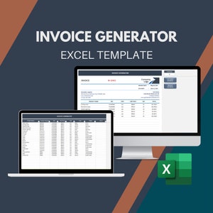 May include: A screenshot of a computer screen displaying an Excel spreadsheet template for generating invoices. The template includes fields for invoice number, date, customer information, product details, and totals. The spreadsheet is labelled "Invoice Generator Excel Template".