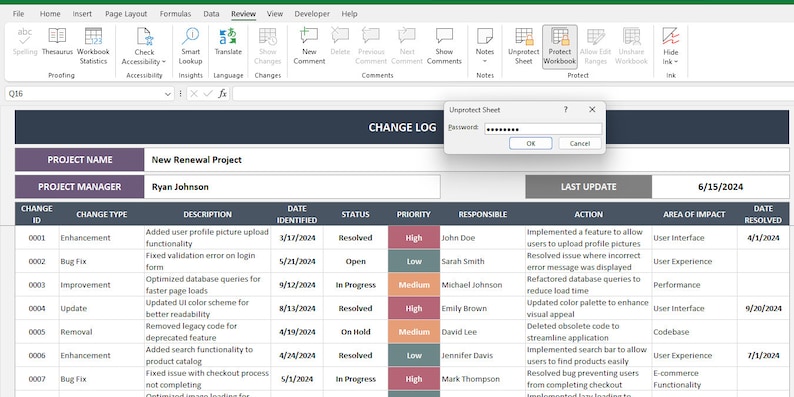Change Log Excel Template | Revision Log | Version Control Spreadsheet ...