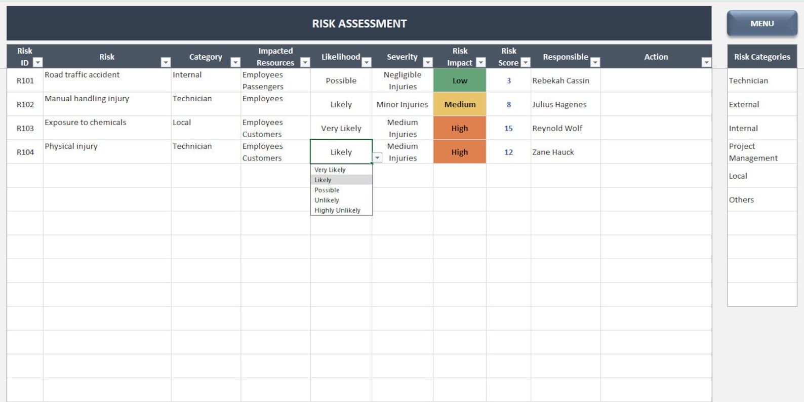 Risk Assessment Excel Template | Risk Register | Project Management ...