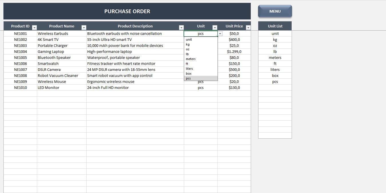 Purchase Order Excel Template: Excel PO Form - Etsy