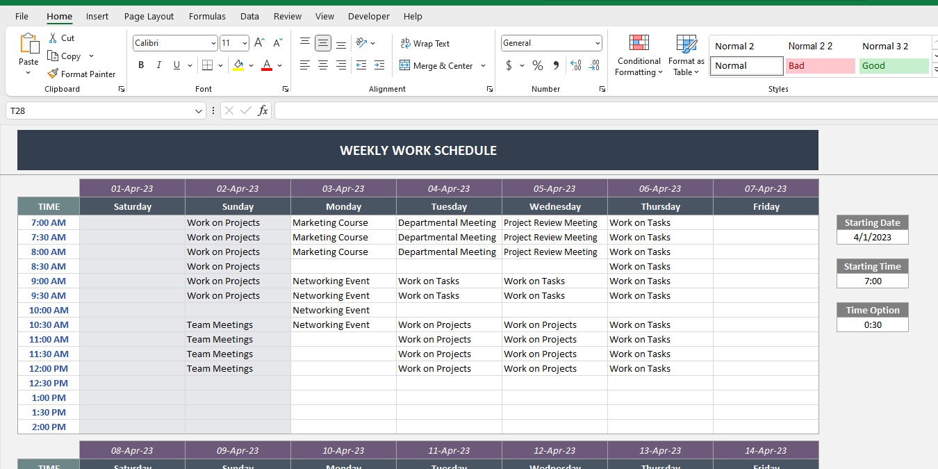 Weekly Work Schedule | Excel Template | Weekly Schedule Template ...