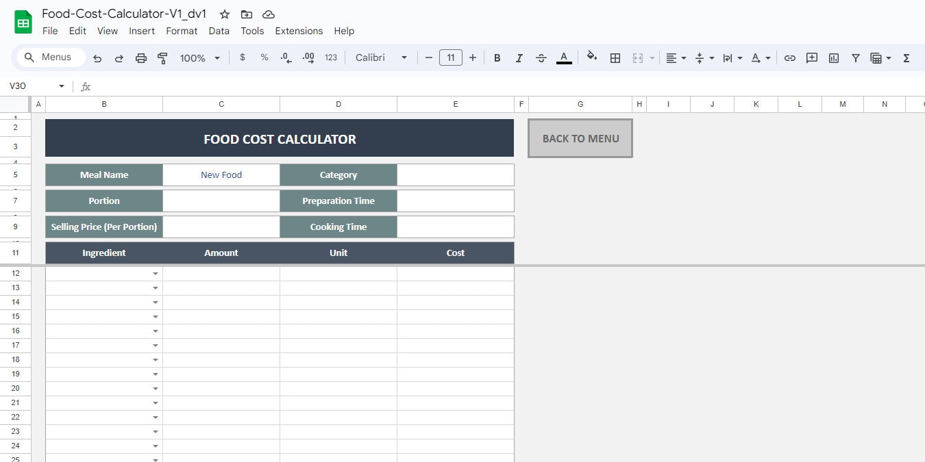 Food Cost Calculator Google Sheets Template | Recipe Costing & Menu ...