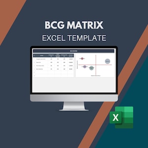 May include: A computer screen displaying a BCG Matrix Excel template. The template includes a table with columns for product, market share, market growth, and company revenue. The screen also shows a graph with a horizontal axis labeled "Relative Market Share" and a vertical axis labeled "Market Growth Rate". The graph shows four quadrants, each representing a different strategic position for a product or business unit. The quadrants are labeled "Stars", "Cash Cows", "Question Marks", and "Dogs".