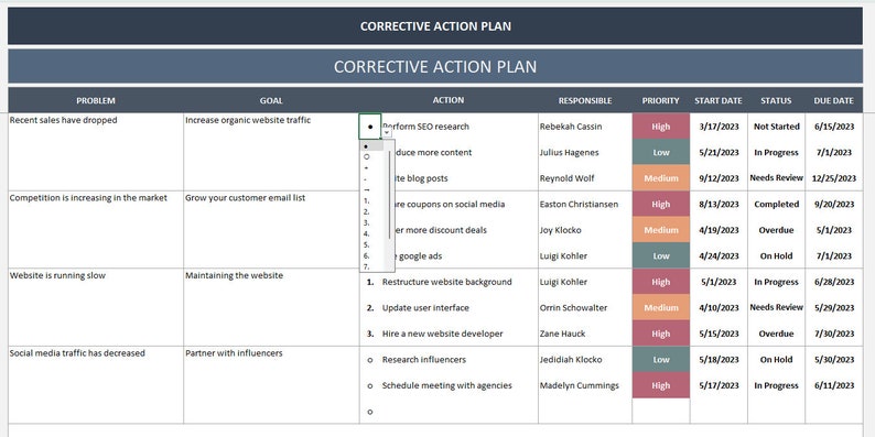 Corrective Action Plan: Project Management Excel Template - Etsy