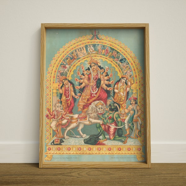 Goddess Durga | Divine Shakti Feminine | Devotional Art Print | Indian Deity Altar Worship | Wall Decor | Multiple Sizes | Framed