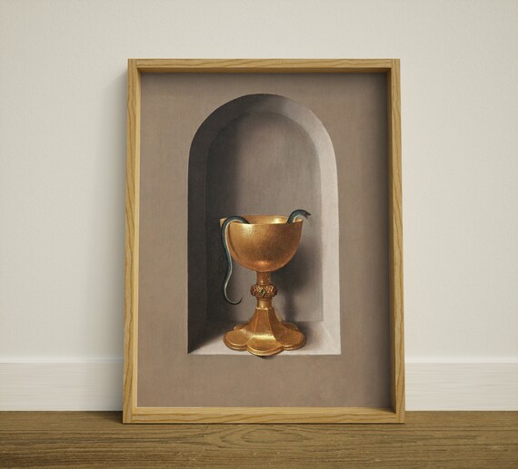 Golden Chalice with Snake in Alcove | Painting | Art Print | Modern Soft Aesthetic Art for Wall Decor | Multiple Sizes