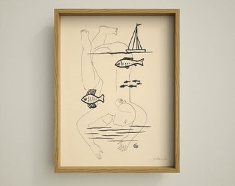 Woman Swimming Line Art Print, Fish and Sailboat Illustration