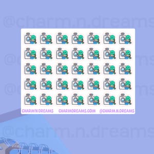 May include: A sheet of 36 turtle-themed stickers featuring a cartoon turtle doing laundry. The stickers are white with a blue border and feature a washing machine, a laundry basket, and a turtle holding a bar of soap. The text "CHARM'N DREAMS CHARMDREAMS.COM @CHARM.N.DREAMS" is at the bottom of the sheet.