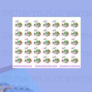 May include: A sheet of 36 stickers featuring a cartoon turtle holding a calculator and thinking "1+1=?". The stickers are white with a pink outline and are arranged in a grid pattern.