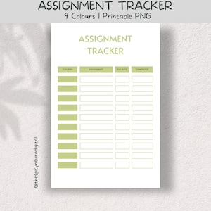 May include: A printable assignment tracker with a green colour scheme. The tracker has columns for courses, assignments, due dates, and completion status.