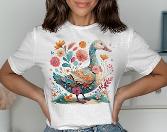 Cute Duck and Flowers TShirt Colorful Duck Print Cute Animal and Floral Illustration Unique Graphic Tee for Nature Lovers Fun Duck Shirt